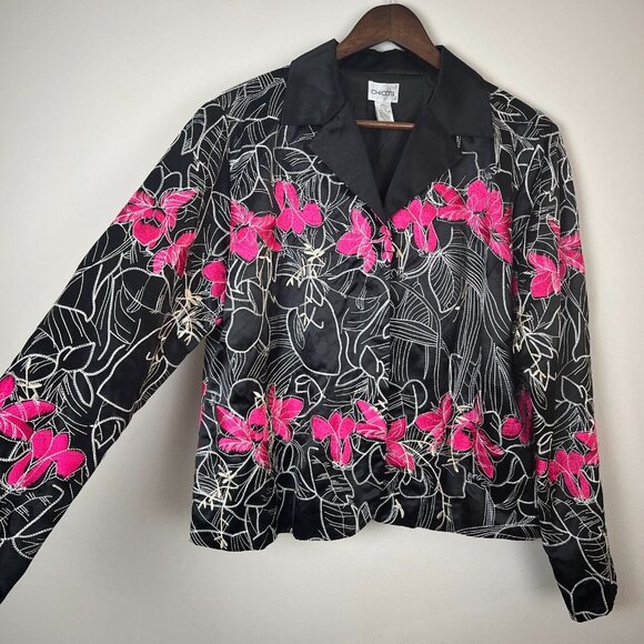 Chicos 2 Blazer Jacket Womens Large Embroidered Floral Silk Cotton Button Up L - Picture 4 of 10
